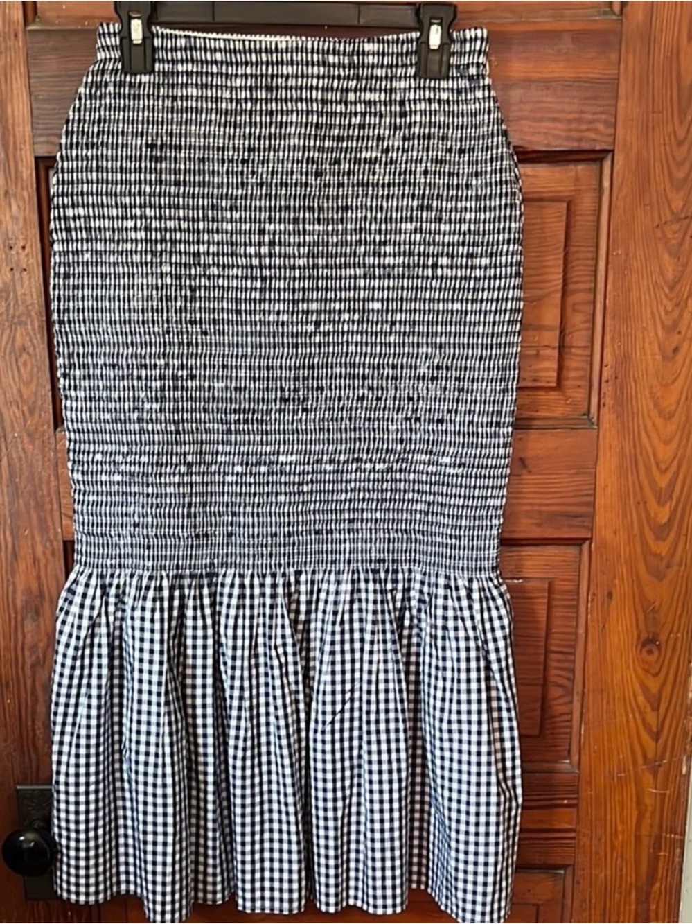 J. Crew Black and White Gingham Smocked Pencil Skirt with Ruffle Hem